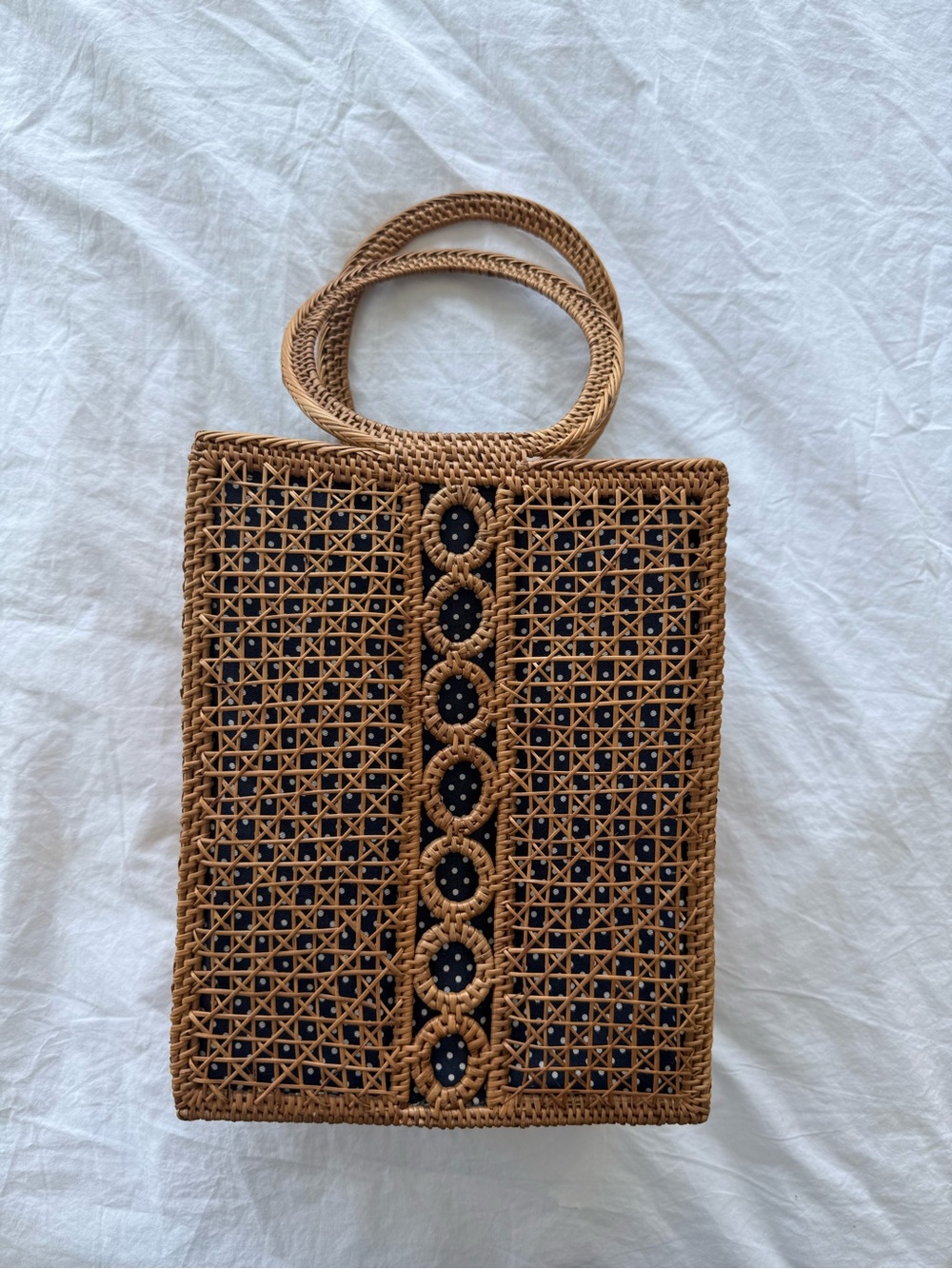 Anthropologie Woven Straw Tote Bag in Brown with Navy Lining